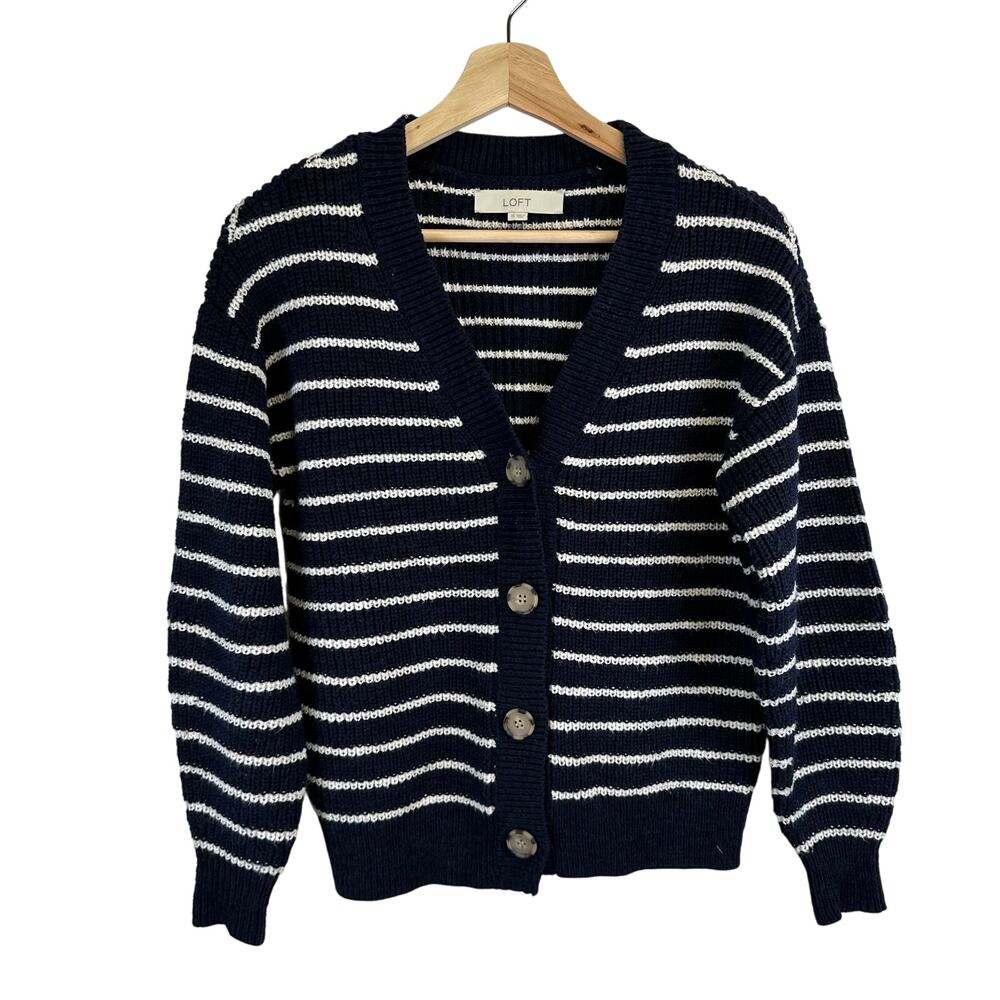 Loft Blue and White Striped Button Front Cardigan V Neck Sweater Womens Size XS